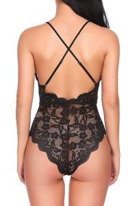 Lenjerie tip body sexy, dantela, spate X, negru - Img 2