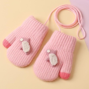 Manusi copii, model cu un singur degetel si snur, manseta elastica, accesorizate cu figurine vesele, tematica happy winter, unisex, marime 1 – 3 ani, roz - Img 3