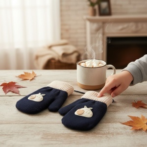 Manusi copii, model dragut cu un singur degetel si snur, manseta elastica, accesorizate cu figurine vesele, tematica happy winter, unisex, marime 3 – 8 ani, albastru marin inchis - Img 4