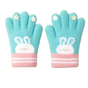 Manusi copii, model pufos cu manseta elastica, accesorizate cu iepuras si floricele, tematica happy bunny, unisex, marime 3 – 5 ani, turcoaz
