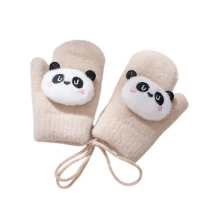 Manusi copii, model pufos cu un singur degetel si snur, manseta elastica, accesorizate cu ursuleti, tematica panda mania, unisex, marime 2 – 8 ani, bej