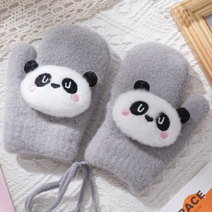 Manusi copii, model pufos cu un singur degetel si snur, manseta elastica, accesorizate cu ursuleti, tematica panda mania, unisex, marime 2 – 8 ani, gri - Img 3