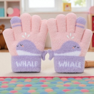 Manusi copii, model vesel cu balenuta, manseta elastica si detalii de contrast pe degete, tematica happy whale, unisex, marime 3 – 5 ani, roz cu mov - Img 2