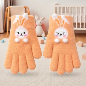 Manusi copii, model vesel cu manseta elastica, accesorizate cu iepuras, tematica cute bunny, unisex, marime 3 – 5 ani, portocalii - Img 3