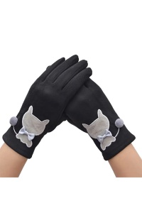 Manusi dama, model delicat cu pisica, accesorizat cu pom pom mic si fundita, tematica fashion cat, marime universala, negre
