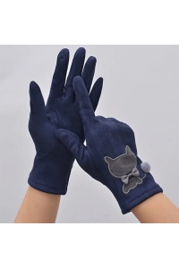 Manusi dama, model delicat cu pisica, accesorizat cu pom pom mic si fundita, tematica fashion cat, marime universala, albastru marin - Img 3