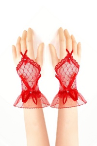 Manusi dama, scurte, prindere pe un deget, accesorizate cu fundinte delicate, model minimalist, tematica fashion style, marime universala, rosii - Img 3