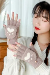 Manusi pentru adolescente pana in 18 ani, calduroase, model cu capat decapotabil si prindere cu nasture, tematica winter cat, marime universala, maro - Img 2