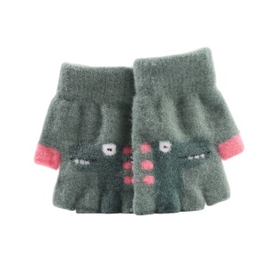 Manusi pentru copii, model cu degetele descoperite, imprimeu cu dinozaur, detalii de contrast, tematica funny dino, unisex, marime 4 – 8 ani, verzi