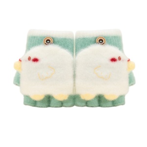 Manusi pentru copii, model cu degetele descoperite si capac decapotabil, prindere cu nasturel, accesorizate cu figurine vesele, tematica I love birds, unisex, marime 3 – 5 ani, verzi