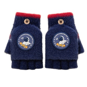 Manusi pentru copii, model cu degetele descoperite si capac decapotabil, prindere cu nasturel, accesorizate cu figurine vesele, tematica happy time, unisex, marime 7 – 12 ani, albastru inchis