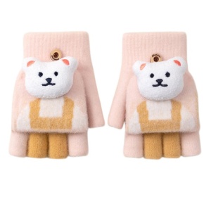 Manusi pentru copii, model cu degetele descoperite si capac decapotabil, prindere cu nasturel, accesorizate cu ursulet, tematica little bear, unisex, marime 7 – 12 ani, roz