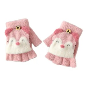 Manusi pentru copii, model cu degetele descoperite si capac decapotabil prindere cu nasture, manseta elastica, accesorizate cu puisor vesel, tematica happy winter, marime 1 – 5 ani, roz