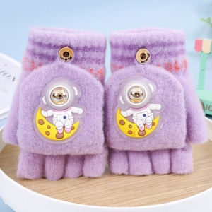 Manusi pentru copii, model cu degetele descoperite si capac decapotabil, prindere cu nasturel, accesorizate cu astronaut, tematica funny day, unisex, marime 4 – 10 ani, mov - Img 4
