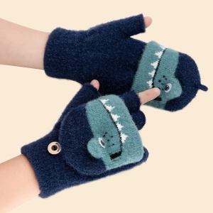Manusi pentru copii, model cu degetele descoperite si capac decapotabil, prindere cu nasturel, accesorizate cu dinozauri, tematica sweet little monster, baieti, marime 7 – 9 ani, albastru inchis cu verde - Img 4