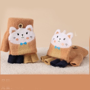 Manusi pentru copii, model cu degetele descoperite si capac decapotabil, prindere cu nasturel, accesorizate cu pisicute fashion, tematica I love cats, unisex, marime 7 – 9 ani, maro - Img 4