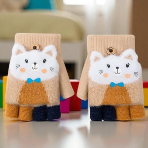 Manusi pentru copii, model cu degetele descoperite si capac decapotabil, prindere cu nasturel, accesorizate cu pisicute fashion, tematica I love cats, unisex, marime 7 – 9 ani, bej - Img 3