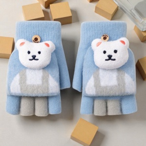 Manusi pentru copii, model cu degetele descoperite si capac decapotabil, prindere cu nasturel, accesorizate cu ursulet, tematica little bear, unisex, marime 7 – 12 ani, albastre - Img 3