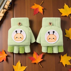Manusi pentru copii, model cu degetele descoperite si capac decapotabil, prindere cu nasturel, accesorizate cu figurine vesele, tematica happy day, unisex, marime 9 – 12 ani, verzi - Img 3