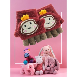 Manusi pentru copii, model cu degetele descoperite si capac decapotabil, prindere cu nasturel, accesorizate cu figurina haioasa, manseta elastica, tematica happy moments, marime 1 – 3 ani, rosu caramiziu - Img 2