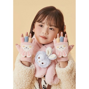 Manusi pentru copii, model cu degetele descoperite si capac decapotabil, prindere cu nasturel, accesorizate cu iepuras, manseta elastica, tematica cute bunny, marime 6 – 12 ani, roz deschis - Img 3