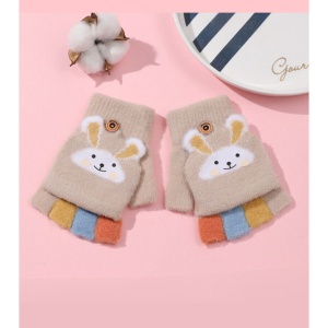 Manusi pentru copii, model cu degetele descoperite si capac decapotabil, prindere cu nasturel, accesorizate cu iepuras, manseta elastica, tematica cute bunny, marime 6 – 12 ani, bej - Img 4