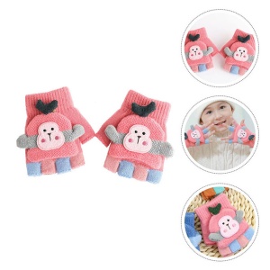 Manusi pentru copii, model cu degetele descoperite si capac decapotabil, prindere cu nasturel, accesorizate cu maimutica haioasa, manseta elastica, tematica happy winter, marime 3 – 6 ani, roz inchis - Img 3