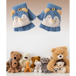Manusi pentru copii, model cu degetele descoperite si capac decapotabil prindere cu nasture, manseta elastica, accesorizate cu puisor vesel, tematica happy winter, marime 1 – 5 ani, albastre - Img 3