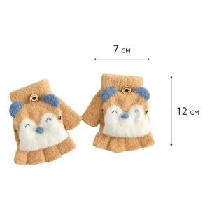 Manusi pentru copii, model cu degetele descoperite si capac decapotabil prindere cu nasture, manseta elastica, accesorizate cu puisor vesel, tematica happy winter, marime 1 – 5 ani, mustar - Img 4