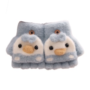 Manusi pentru copii, model cu degetele descoperite si capac decapotabil, prindere cu nasturel, accesorizate cu puiut prietenos, tematica cute overloaded, unisex, marime 6 luni – 3 ani, albastre