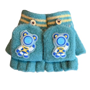 Manusi pentru copii, model cu degetele descoperite si capac decapotabil, prindere cu nasturel, accesorizate cu astronaut, tematica funny day, unisex, marime 4 – 10 ani, verde inchis
