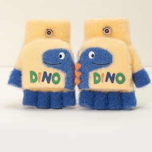 Manusi pentru copii, model cu degetele descoperite si capac decapotabil, prindere cu nasturel, accesorizate cu dinozaur, tematica crazy dino, unisex, marime 3 – 5 ani, galbene - Img 4