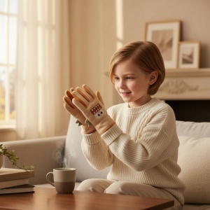 Manusi pentru copii, model jucaus, detalii de contrast vesele, imprimeu haios, tematica prietenul meu monstruletul, unisex, marime 3 – 8 ani, maro deschis - Img 2
