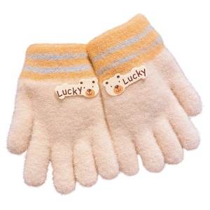 Manusi pentru copii, model pufos si vesel, manseta elastica cu detalii de contrast, tematica lucky bunny, unisex, marime 3 – 8 ani, bej