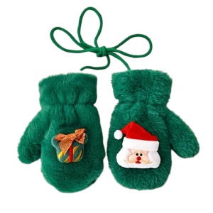Manusi pentru copii, model super dragalas, moale si pufos, prinse cu snur intre ele, accesorizate cu figurine cute, tematica winter happy baby, 2 - 6 ani, verzi