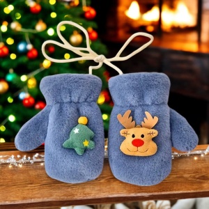 Manusi pentru copii, model super dragalas, moale si pufos, prinse cu snur intre ele, accesorizate cu figurine cute, tematica winter happy baby, 2 - 6 ani, albastre - Img 4
