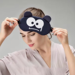 Masca de dormit, model haios cu fete expresive si urechiuse, rezerva cu gel, prindere elastica, tematica sweet dreams, unisex, M7, albastru marin - Img 3