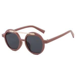 Ochelari de soare pentru copii, unisex, model cu rama fashion, cu accesoriu cool nerdy, tematica party summer, marime universala, maro inchis