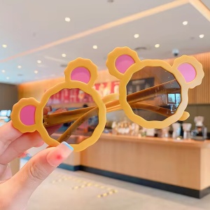 Ochelari de soare pentru copii, unisex, model cu urechi de ursulet, tematica fashion teddy, marime universala, galbeni - Img 2