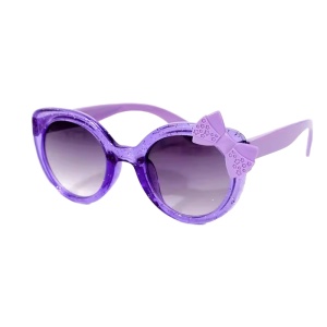 Ochelari de soare pentru fetite, model cu rama semitransparenta accesorizata cu fundita chic, tematica glitter summer, marime universala, mov