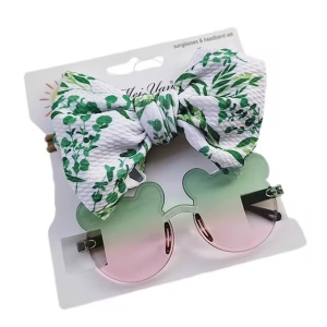 Ochelari de soare pentru fetite, set doua piese, model ursulet prietenos cu funda voluminoasa asortata, imprimeu delicat, tematica cute and fashion, verde cu roz