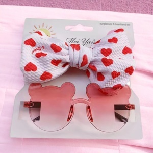 Ochelari de soare pentru fetite, set doua piese, model ursulet prietenos cu funda voluminoasa asortata, imprimeu delicat, tematica cute and fashion, portocalii - Img 3