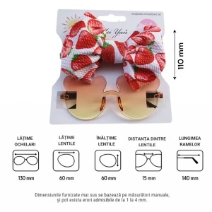Ochelari de soare pentru fetite, set doua piese, model ursulet prietenos cu funda voluminoasa asortata, imprimeu delicat, tematica cute and fashion, portocalii cu verde - Img 4
