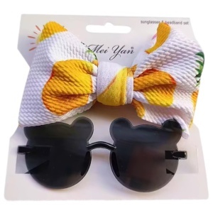 Ochelari de soare pentru fetite, set doua piese, model ursulet prietenos cu funda voluminoasa asortata, imprimeu delicat, tematica cute and fashion, negri - Img 2