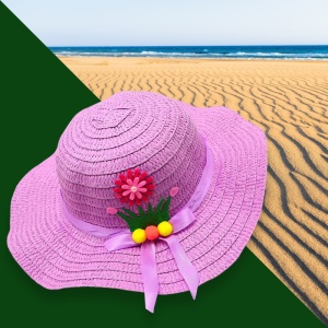 Palarie de soare, copii, model chic de vara pentru fetite, accesorizat cu flori si panglica, prindere sub barbie, margine ondulata, tematica cute summer, marime universala, mov - Img 3