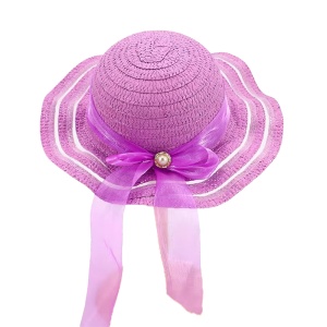 Palarie de soare, copii, model cute de vara pentru fetite, accesorizat cu funda pretioasa cu detaliu fashion, prindere sub barbie, margine ondulata, tematica elegant summer, marime universala, mov