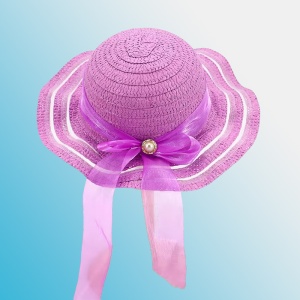 Palarie de soare, copii, model cute de vara pentru fetite, accesorizat cu funda pretioasa cu detaliu fashion, prindere sub barbie, margine ondulata, tematica elegant summer, marime universala, mov - Img 2