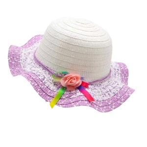 Palarie de soare, copii, model cute elegant pentru fetite, accesorizat cu flori si fundita rainbow, prindere sub barbie, margine ondulata, tematica happy summer, marime universala, mov