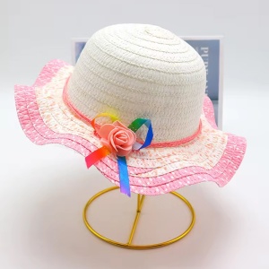 Palarie de soare, copii, model cute elegant pentru fetite, accesorizat cu flori si fundita rainbow, prindere sub barbie, margine ondulata, tematica happy summer, marime universala, roz deschis - Img 2