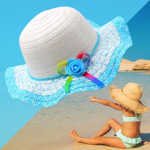 Palarie de soare, copii, model cute elegant pentru fetite, accesorizat cu flori si fundita rainbow, prindere sub barbie, margine ondulata, tematica happy summer, marime universala, albastra - Img 3